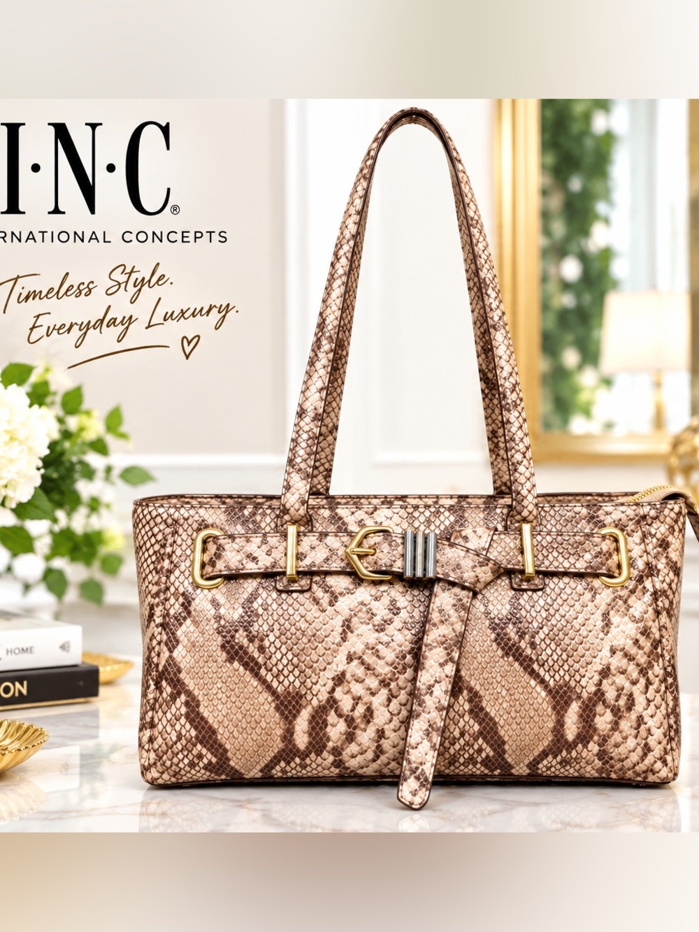 Luxury Python-Pattern Satchel Bag in Taupe-NWT!